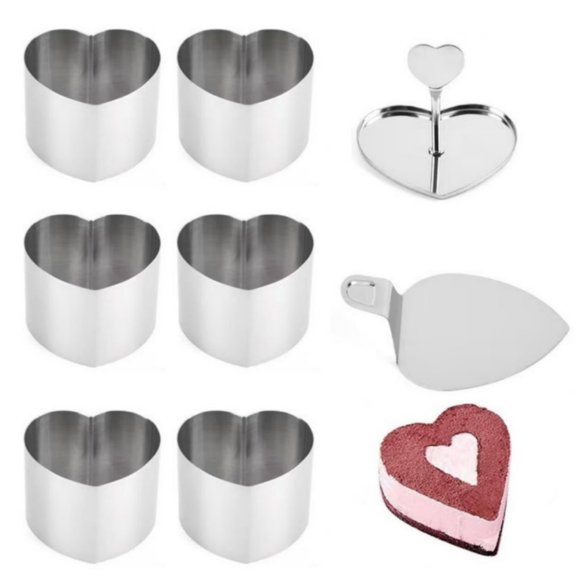6 Pcs Dessert Rings, Dingrich 3 Inch Small Mousse Ring Molds with Pusher and Transfer Plate, Stainless Steel Cake Ring Biscuit Sandwiches Cutter for Baking Pastry DIY (Heart)