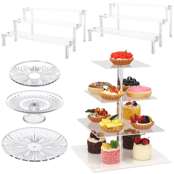 6 Pcs Dessert Table Display Set, Clear Acrylic Cupcake Stand with 4-Tier Tower & 3-Tier Risers, Plastic Cake Plate for Wedding Party Decor