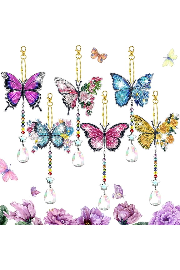 6 Pcs Diamond Painting Butterfly Wind Chimes Kits 5D DIY Crystal Diamonds Painting Suncatcher Christmas Ornament Double Sided Diamond Art Keychains Pendant Best Gifts for Mom