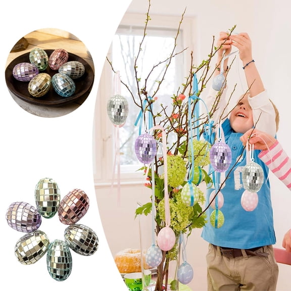 6 Pcs Disco Easter Eggs Colorful Reflective Mirror Disco Ball Colorful Tinsel Easter Egg Ornaments Foam Hanging Egg Ornament for Christmas Tree Home Party DIY Craft Decoration