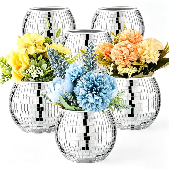 6 Pcs Disco Vase, Silver Mirror Ball Disco Ball Planter 5" X 6" Glass Silver Candle Holder White Vases for Centerpieces Table Decorations Party Wedding Birthday Gift