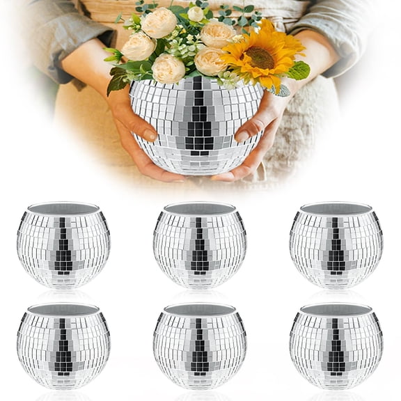 6 Pcs Disco Vase, Silver Mirror Ball Disco Ball Planter 5" X 6" Glass Silver Candle Holder White Vases for Centerpieces Table Decorations Party Wedding Birthday Gift A101