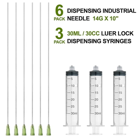 6 Pcs Dispensing Needle 14G x 2" with 3 Pcs 30ml Syringe - Blunt Tip Luer Lock Super Long Needles