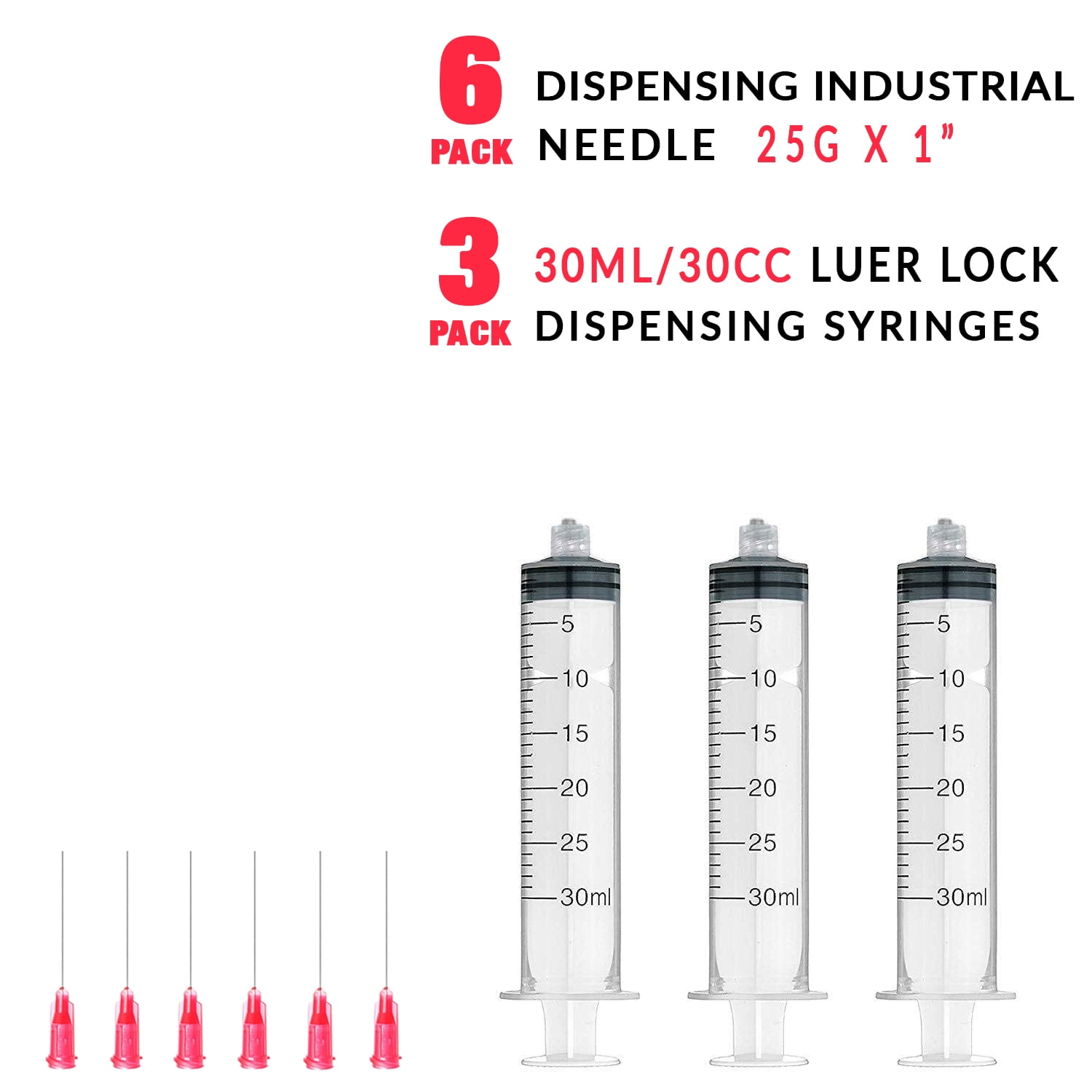 6 Pcs Dispensing Needle 25G x 1 with 3 Pcs 30ml Syringe - Blunt