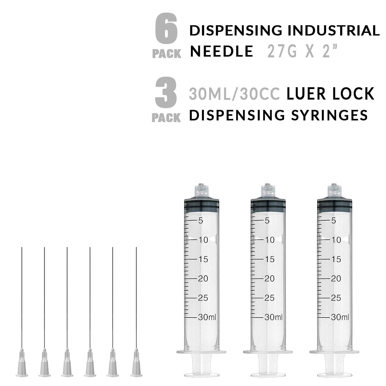 6 Pcs Dispensing Needle 27G x 2" with 3 Pcs 30ml Syringe Blunt Tip