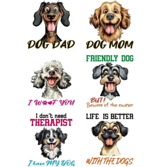 6 Pcs Iron on Decals Patches 6 Sizes Dog Cartoon Animal Iron on Stickers Dog Dad Dog Mom Phrase Heat Transfer Stickers PET Washable Patches for DIY Clothes Decor
