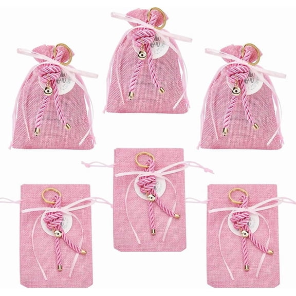 6 Pcs Drawstring Gift Bags Pearl Pink Imitation Burlap Bags Polyester Jewelry Pouch with Nylon Thread Beads and Thank You Card for Party Wedding Favors Bags 5.513.74 Inch for DIY