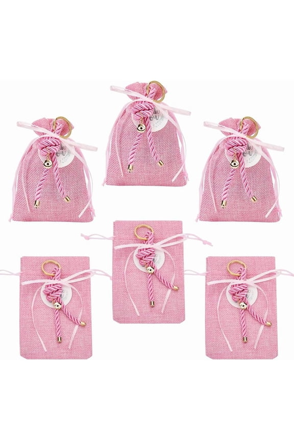 6 Pcs Drawstring Gift Bags Pearl Pink Imitation Burlap Bags Polyester Jewelry Pouch with Nylon Thread Beads and Thank You Card for Party Wedding Favors Bags 5.513.74 Inch for DIY