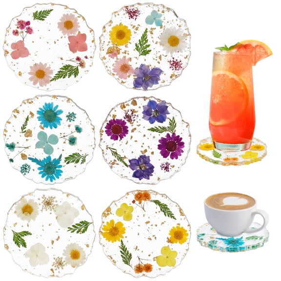 6 Pcs Dried Flower Drink Coasters, Floral Resin Drink Cup Mat , Non-Slip Coasters for Tabletop Protection Reusable Coaster Decorations for Coffee Table Wooden Desk Kitchen Bar Mugs