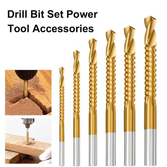 6 Pcs Drill Bit Set Power Tool Accessories, Rvkxad Titanium Coated High Carbon Steel Drill Bits, Non-Slip 135 Degree Split Point Fully Ground Groove for Metal Wood Concrete Drilling