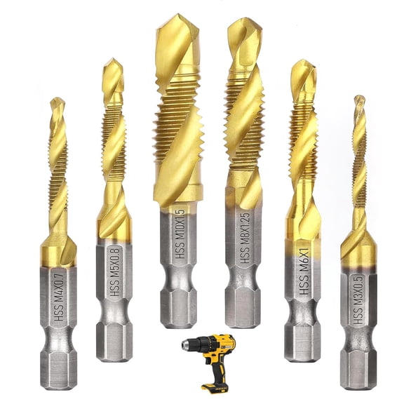 6 Pcs Drill Tap Set | Titanium Plated Combination Taps Drill Bit Set | M3 M4 M5 M6 M8 M10 Hex Shank HSS Screw Thread | Metric Compound Tap Drill Bits|Soft Metal Drilling Deburring & Countersinking