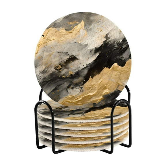 6 Pcs Drink Coasters Sets with Holder Pads Cotton Cup Heat-Resistant Hot Mats for Table Protection Black Golden Marble