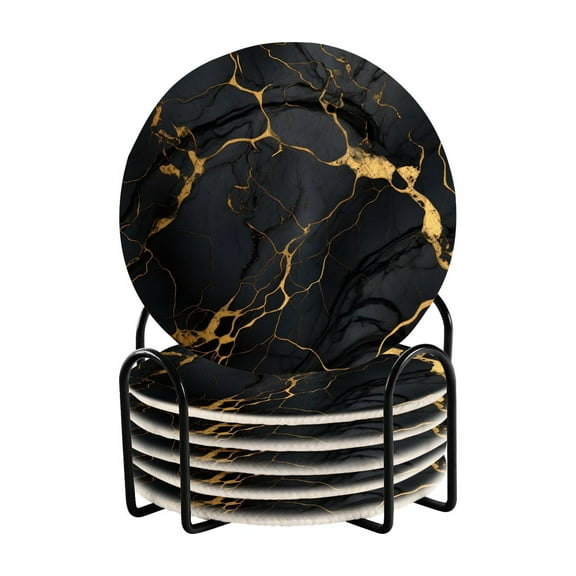 6 Pcs Drink Coasters Sets with Holder Pads Cotton Cup Heat-Resistant Hot Mats for Table Protection Black and Golden Marble