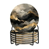 6 Pcs Drink Coasters Sets with Holder Pads Cotton Cup Heat-Resistant Hot Mats for Table Protection Black and Grey Marble