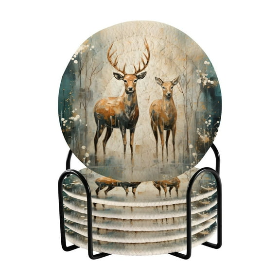 6 Pcs Drink Coasters Sets with Holder Pads Cotton Cup Heat-Resistant Hot Mats for Table Protection Deers in Blue