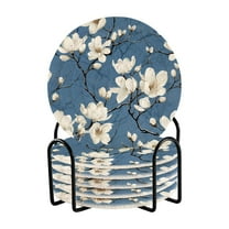 6 Pcs Drink Coasters Sets with Holder Pads Cotton Cup Heat-Resistant Hot Mats for Table Protection Flowers in Blue