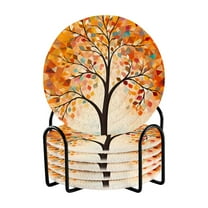 6 Pcs Drink Coasters Sets with Holder Pads Cotton Cup Heat-Resistant Hot Mats for Table Protection Orange Tree Abstract