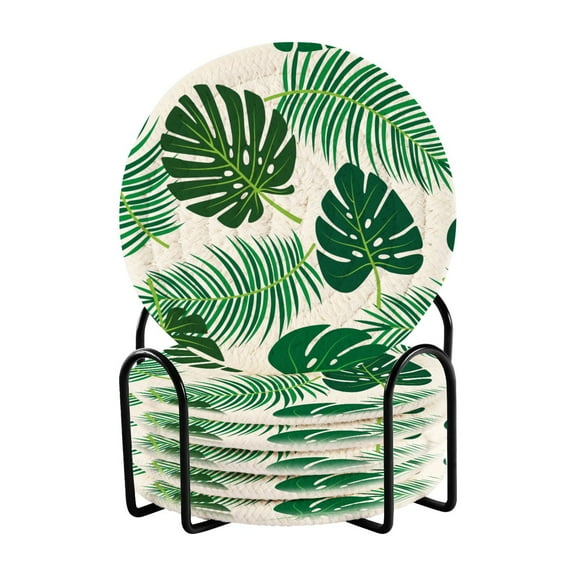 6 Pcs Drink Coasters Sets with Holder Pads Cotton Cup Heat-Resistant Hot Mats for Table Protection Palm Leaves