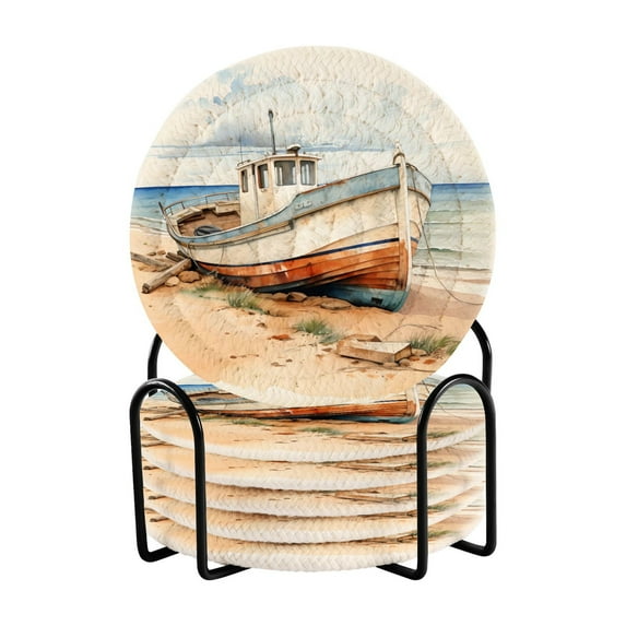 6 Pcs Drink Coasters Sets with Holder Pads Cotton Cup Heat-Resistant Hot Mats for Table Protection Ship on Beach
