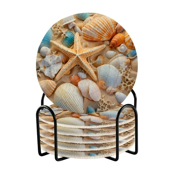 6 Pcs Drink Coasters Sets with Holder Pads Cotton Cup Heat-Resistant Hot Mats for Table Protection Starfish and Seashells