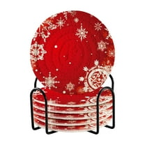 6 Pcs Drink Coasters Sets with Holder Round Cup Mats Heat Resistant Hot Pads for Bar Table Protection Christmas Snowflakes