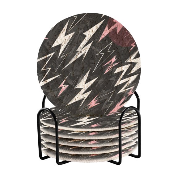6 Pcs Drink Coasters with Holder 3.94in Woven Coasters for Drinks Abstract Lightning Symbol Coaster Set for Protection Table