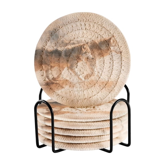 6 Pcs Drink Coasters with Holder 3.94in Woven Coasters for Drinks Abstract Wild Animals Coaster Set for Protection Table