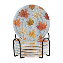 6 Pcs Drink Coasters with Holder 3.94in Woven Coasters for Drinks Autumn Maple Leaves Coaster Set for Protection Table