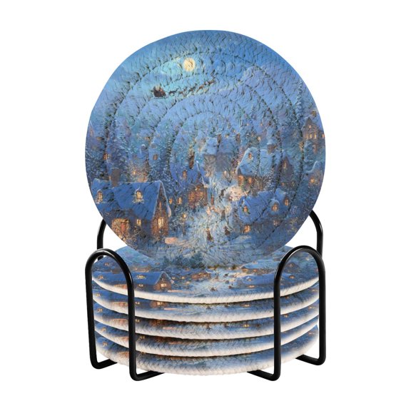 6 Pcs Drink Coasters with Holder 3.94in Woven Coasters for Drinks Beautiful Christmas Night Scene Coaster Set for Protection Table