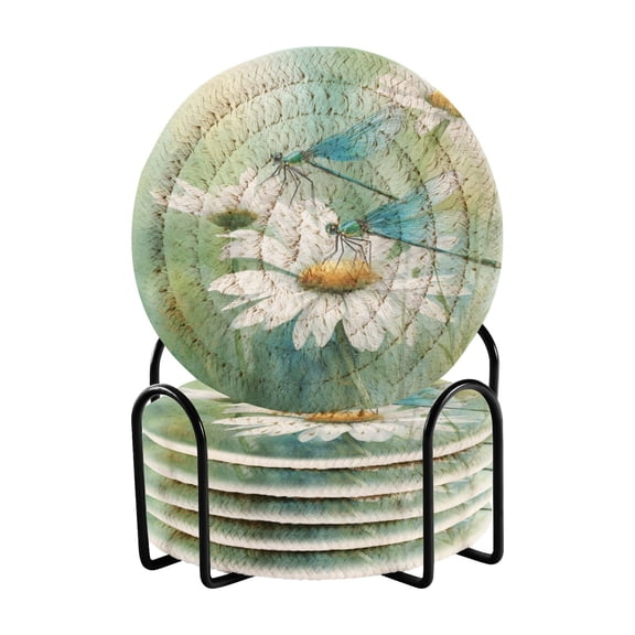 6 Pcs Drink Coasters with Holder 3.94in Woven Coasters for Drinks Beautiful Dragonflies and Daisies Coaster Set for Protection Table