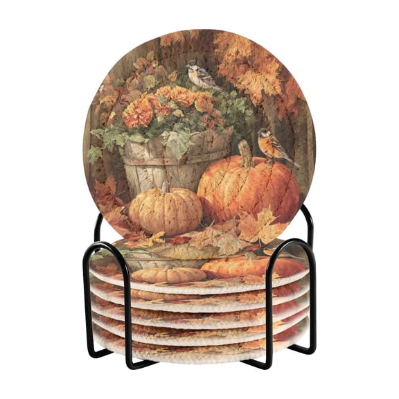 6 Pcs Drink Coasters with Holder 3.94in Woven Coasters for Drinks Beautiful Fall Scene Coaster Set for Protection Table