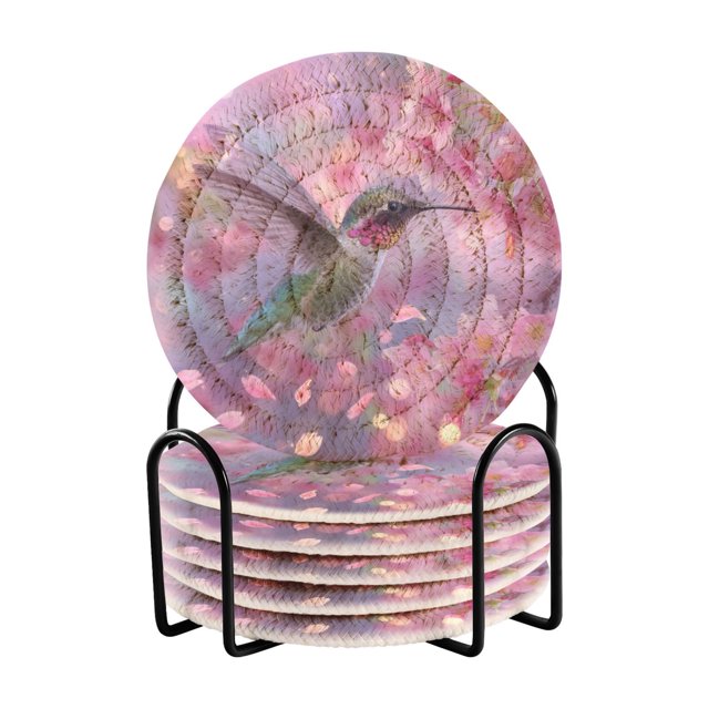 6 Pcs Drink Coasters with Holder 3.94in Woven Coasters for Drinks Beautiful Pink Hummingbird Coaster Set for Protection Table