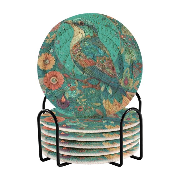 6 Pcs Drink Coasters with Holder 3.94in Woven Coasters for Drinks Beautiful Psychedelic Bird Coaster Set for Protection Table