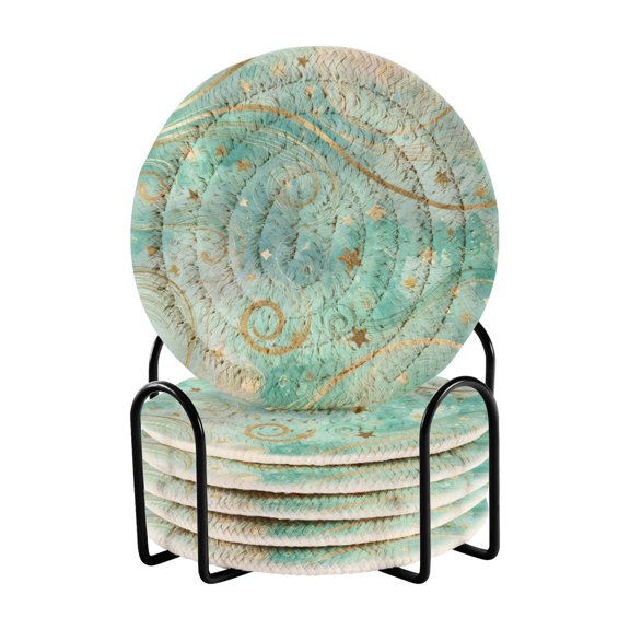6 Pcs Drink Coasters with Holder 3.94in Woven Coasters for Drinks Beautiful Swirling Lines Coaster Set for Protection Table