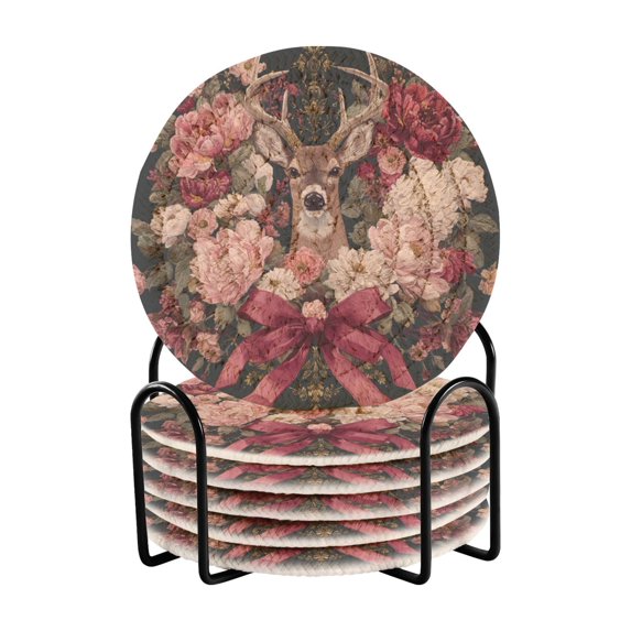 6 Pcs Drink Coasters with Holder 3.94in Woven Coasters for Drinks Beautiful and Detailed Deer Coaster Set for Protection Table