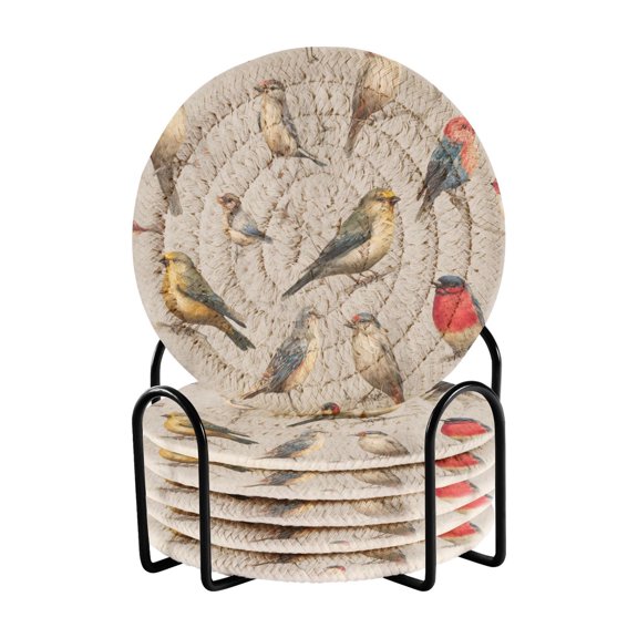 6 Pcs Drink Coasters with Holder 3.94in Woven Coasters for Drinks Birds Pattern Coaster Set for Protection Table