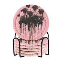 6 Pcs Drink Coasters with Holder 3.94in Woven Coasters for Drinks Black Roses Coaster Set for Protection Table