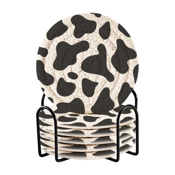 6 Pcs Drink Coasters with Holder 3.94in Woven Coasters for Drinks Black and White Cow Print Coaster Set for Protection Table