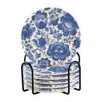 6 Pcs Drink Coasters with Holder 3.94in Woven Coasters for Drinks Blue Floral Pattern Coaster Set for Protection Table