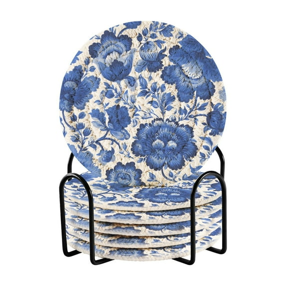6 Pcs Drink Coasters with Holder 3.94in Woven Coasters for Drinks Blue Floral Pattern Coaster Set for Protection Table