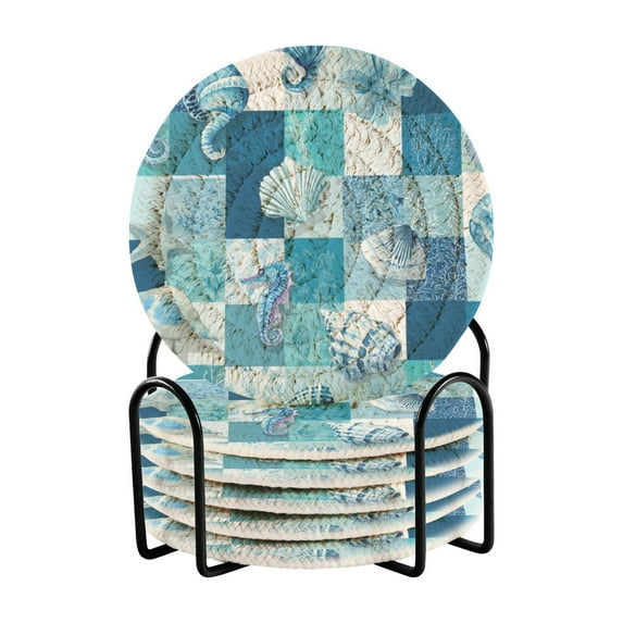 6 Pcs Drink Coasters with Holder 3.94in Woven Coasters for Drinks Blue Marine Life Patterns Coaster Set for Protection Table