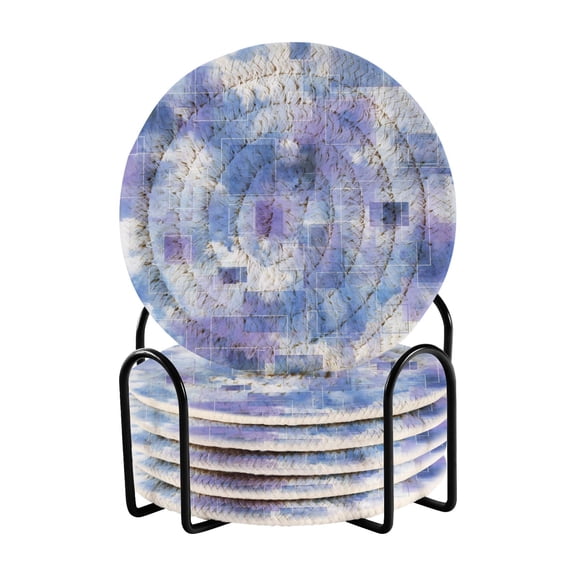 6 Pcs Drink Coasters with Holder 3.94in Woven Coasters for Drinks Blue Squares and Shapes Coaster Set for Protection Table