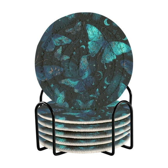 6 Pcs Drink Coasters with Holder 3.94in Woven Coasters for Drinks Blue-green Butterfly Pattern Coaster Set for Protection Table