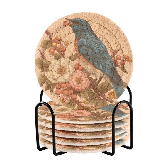 6 Pcs Drink Coasters with Holder 3.94in Woven Coasters for Drinks Bluebird on Elegant Branch Coaster Set for Protection Table
