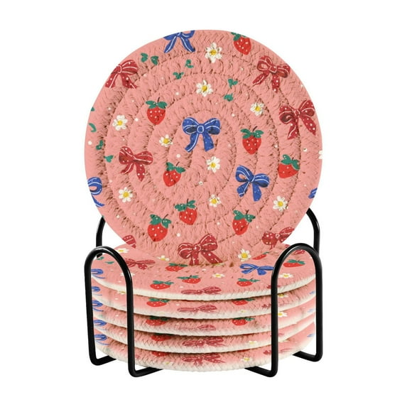 6 Pcs Drink Coasters with Holder 3.94in Woven Coasters for Drinks Bows and Strawberries Pattern Coaster Set for Protection Table