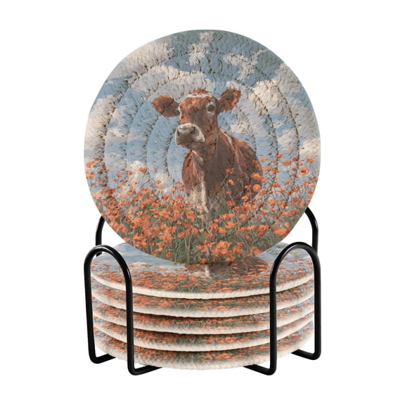 6 Pcs Drink Coasters with Holder 3.94in Woven Coasters for Drinks Brown Cow Coaster Set for Protection Table