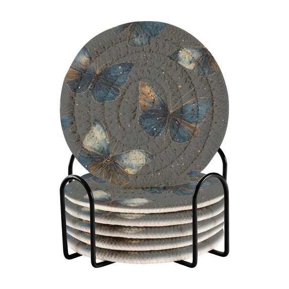 6 Pcs Drink Coasters with Holder 3.94in Woven Coasters for Drinks Brown-blue Butterfly Pattern Coaster Set for Protection Table