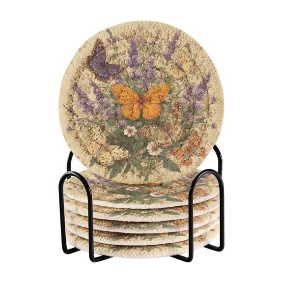 6 Pcs Drink Coasters with Holder 3.94in Woven Coasters for Drinks Butterflies and Lavender Pattern Coaster Set for Protection Table