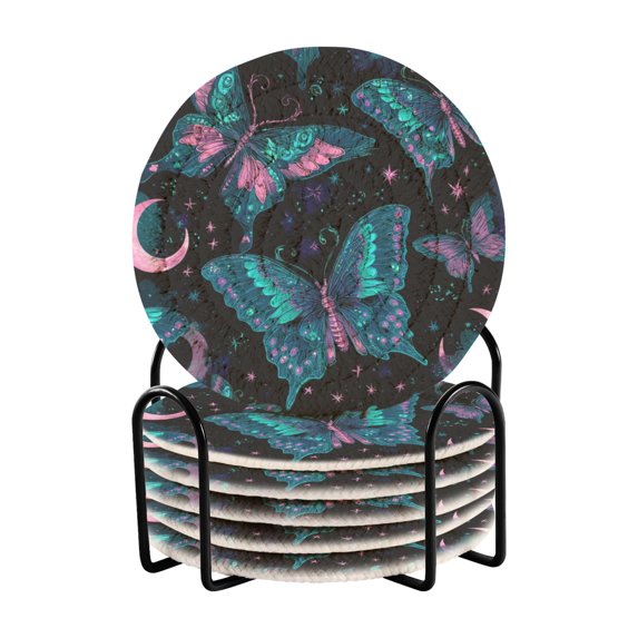 6 Pcs Drink Coasters with Holder 3.94in Woven Coasters for Drinks Butterfly and The Moon Coaster Set for Protection Table