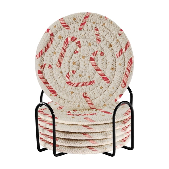 6 Pcs Drink Coasters with Holder 3.94in Woven Coasters for Drinks Candy Cane and Gold Stars Coaster Set for Protection Table